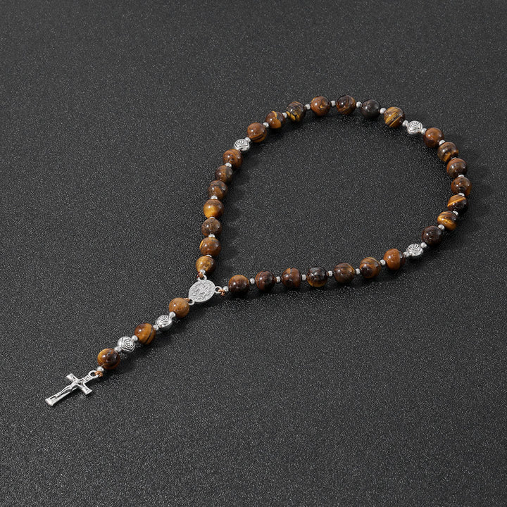 Miraculous Medal & Crucifix of 8 mm Round Multicolor Stone Nylon Cord Rosary - Yellow Tiger Eye Stone - image 3