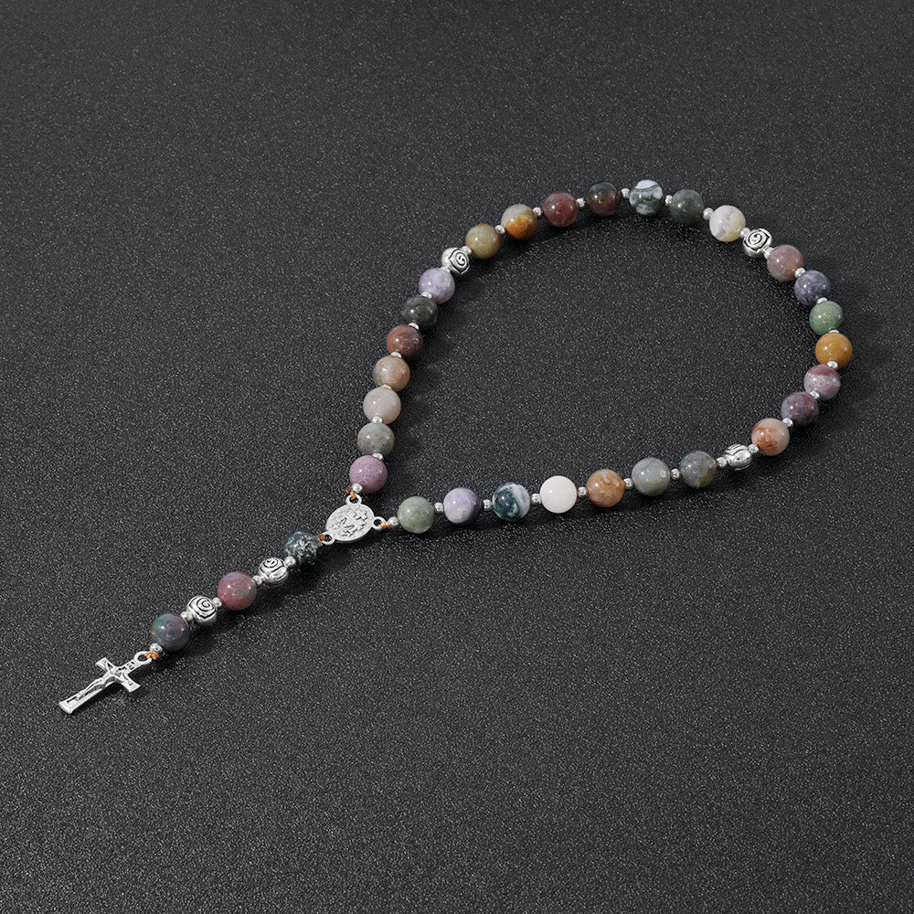 Miraculous Medal & Crucifix of 8 mm Round Multicolor Stone Nylon Cord Rosary - Indian Agate - image 0