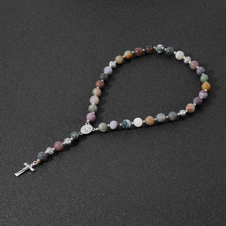 Miraculous Medal & Crucifix of 8 mm Round Multicolor Stone Nylon Cord Rosary - Indian Agate - image 0