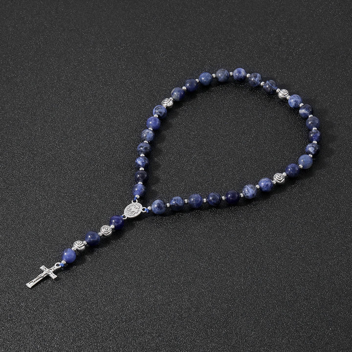 Miraculous Medal & Crucifix of 8 mm Round Multicolor Stone Nylon Cord Rosary - Blue Stone - image 9