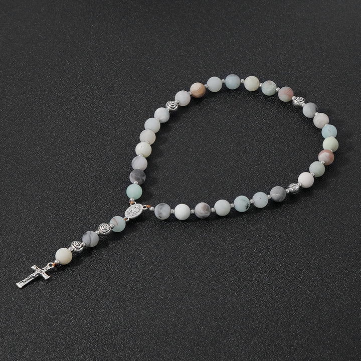 Miraculous Medal & Crucifix of 8 mm Round Multicolor Stone Nylon Cord Rosary - Frosted Amazon Stone - image 6