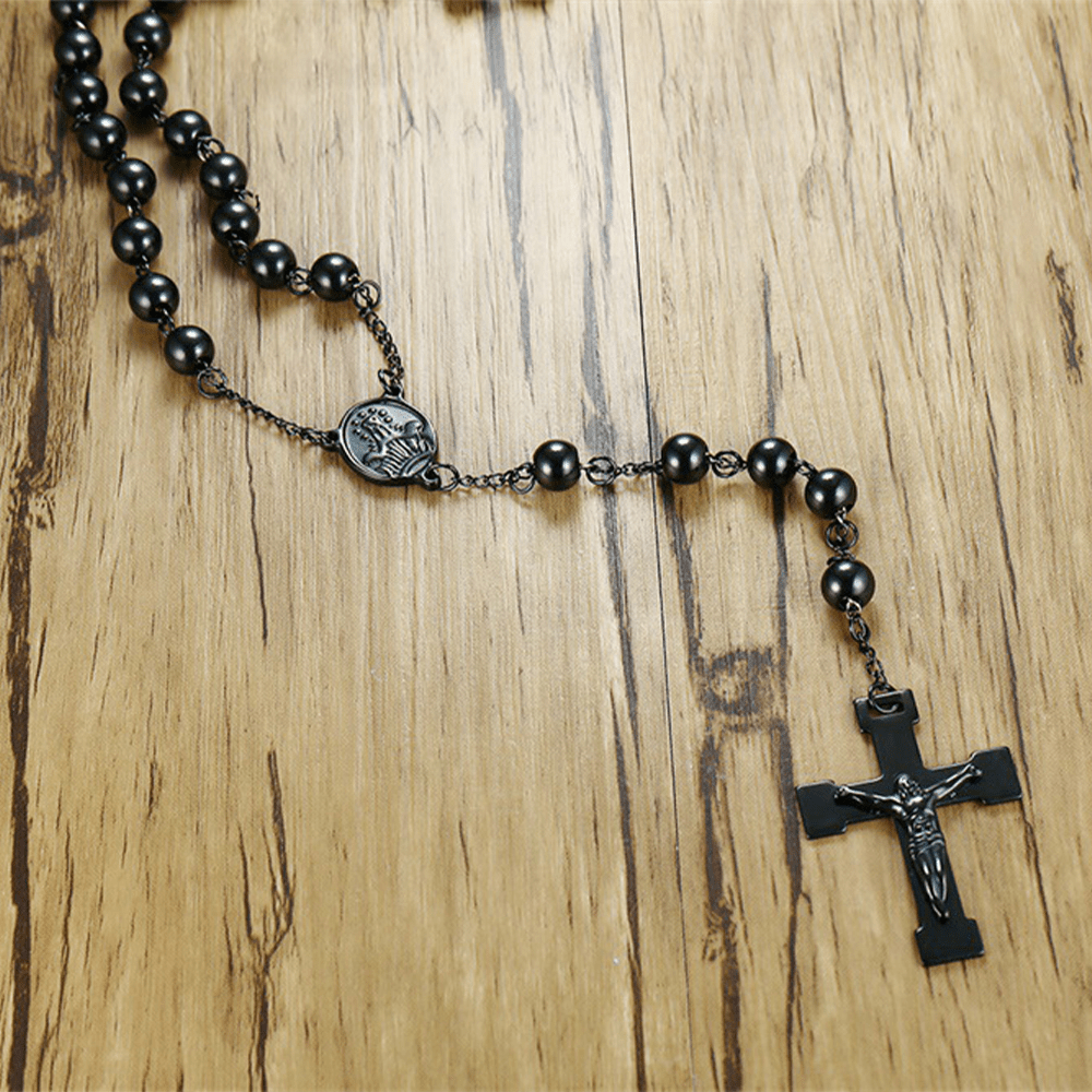 Our Lady of Grace & Crucifix of 8 mm Round Black Steel Ball Alloy Chain Rosary - image 4