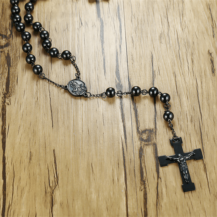 Our Lady of Grace & Crucifix of 8 mm Round Black Steel Ball Alloy Chain Rosary - image 4