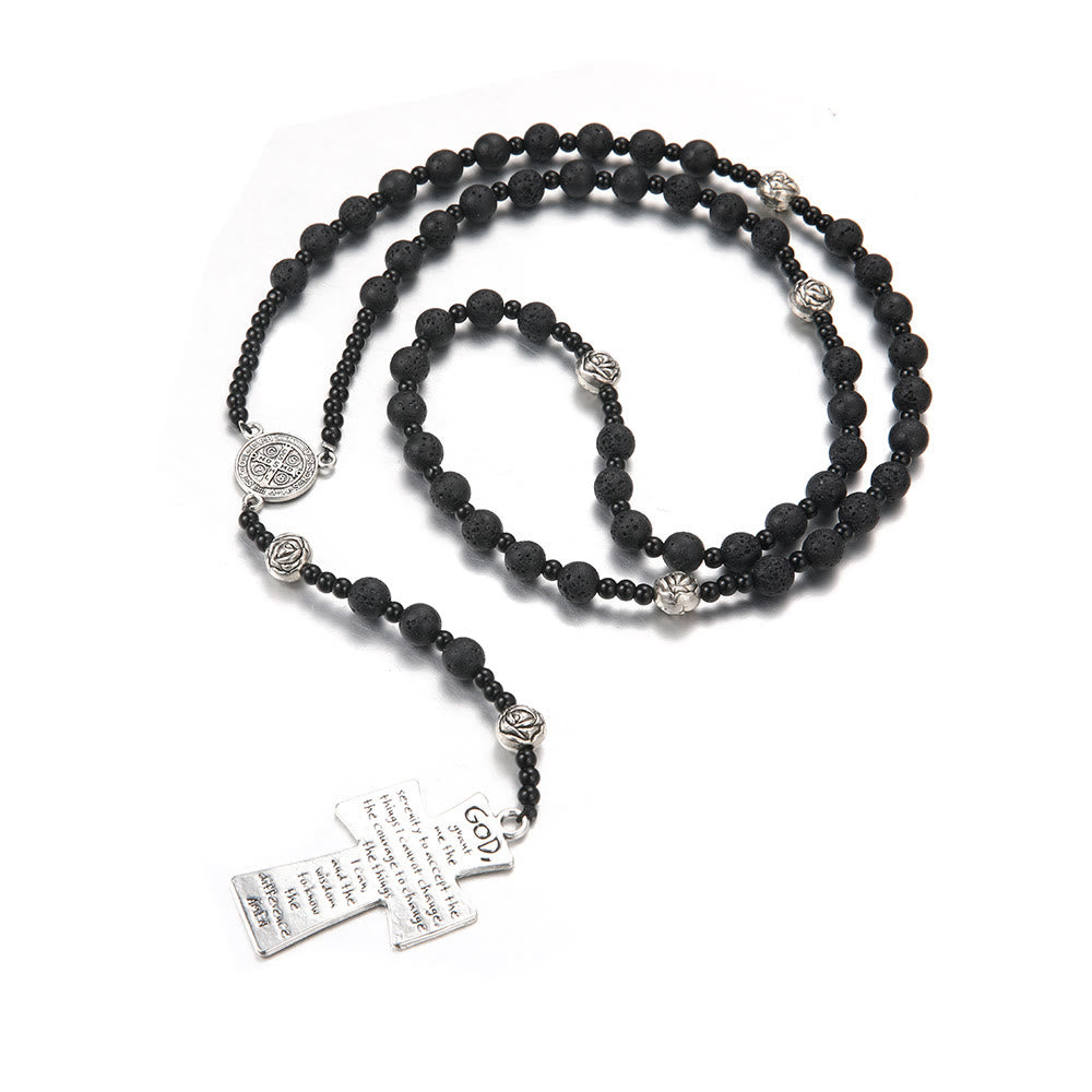 St. Benedict Medal & Cross of 8 mm Round Black Volcanic Stone Nylon Cord Rosary - image 3