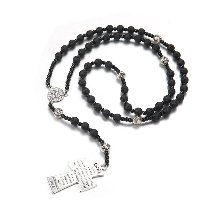St. Benedict Medal & Cross of 8 mm Round Black Volcanic Stone Nylon Cord Rosary - image 3