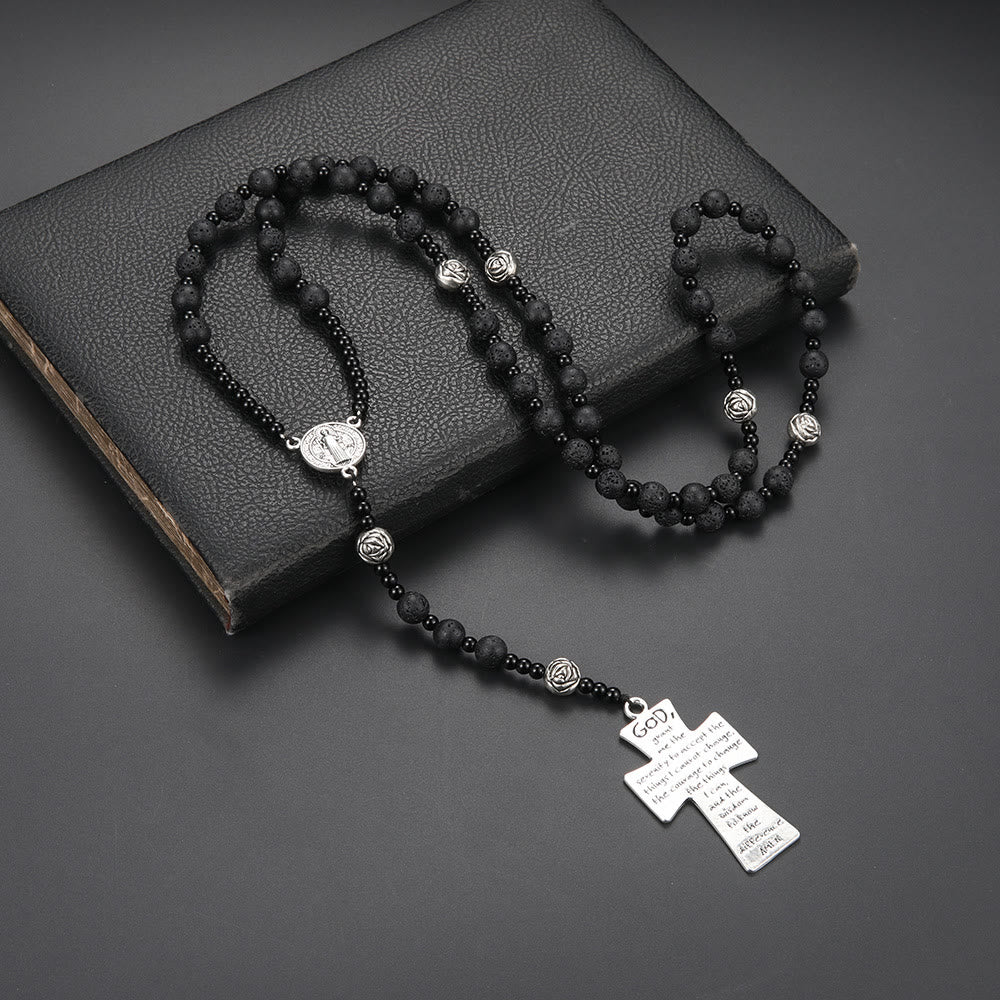 St. Benedict Medal & Cross of 8 mm Round Black Volcanic Stone Nylon Cord Rosary - Black - image 1