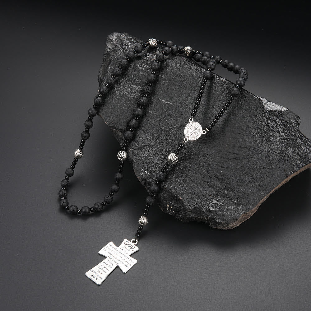 St. Benedict Medal & Cross of 8 mm Round Black Volcanic Stone Nylon Cord Rosary - image 2