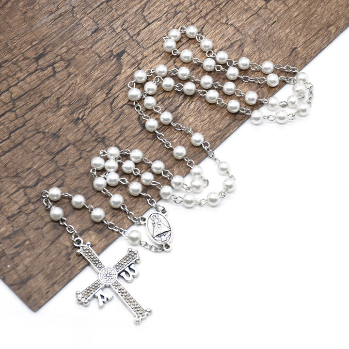 San Juan del Valle Medal & Cross of 6 mm Round White Glass Alloy Chain Rosary - White - image 1