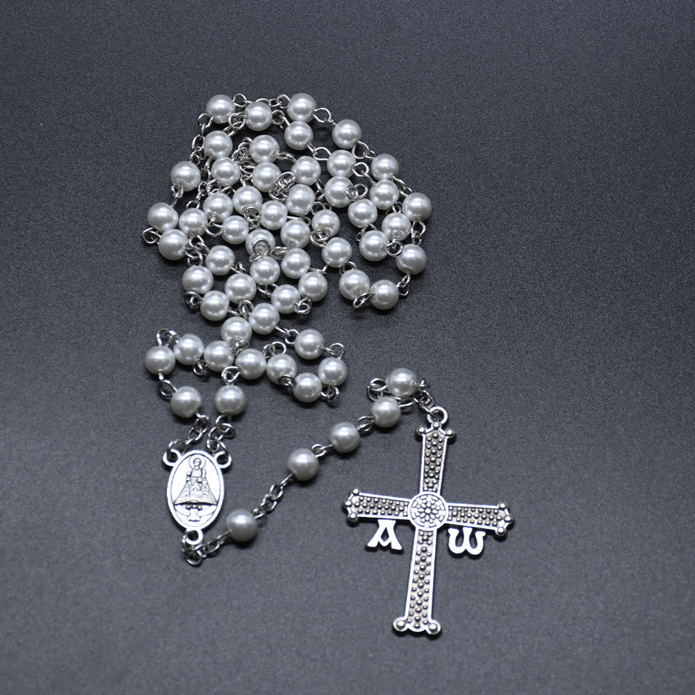 San Juan del Valle Medal & Cross of 6 mm Round White Glass Alloy Chain Rosary - image 2