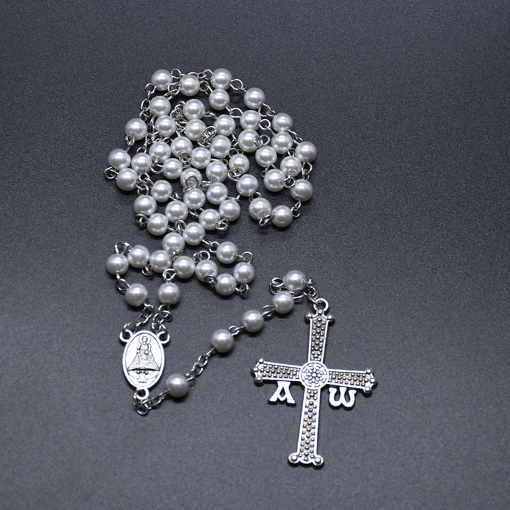 San Juan del Valle Medal & Cross of 6 mm Round White Glass Alloy Chain Rosary - image 2