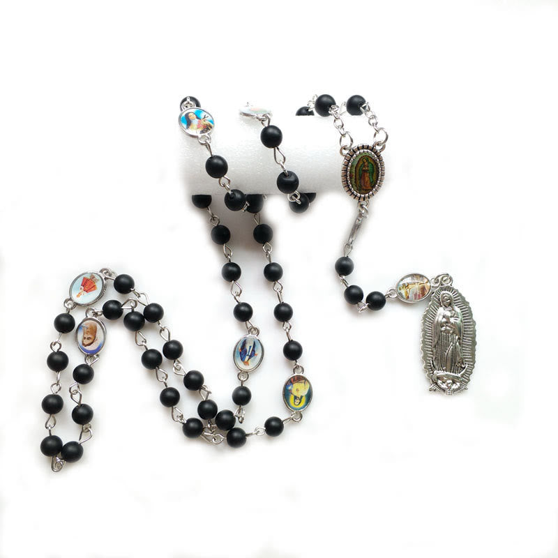 Our Lady of Guadalupe of 6 mm Round Black Agate Alloy Chain Rosary - image 3