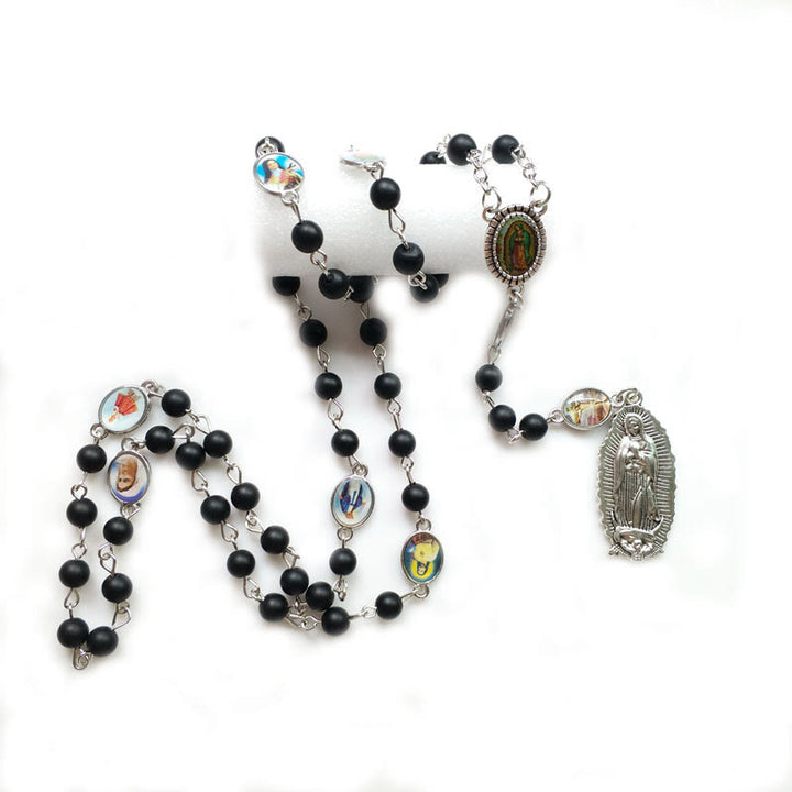 Our Lady of Guadalupe of 6 mm Round Black Agate Alloy Chain Rosary - image 3