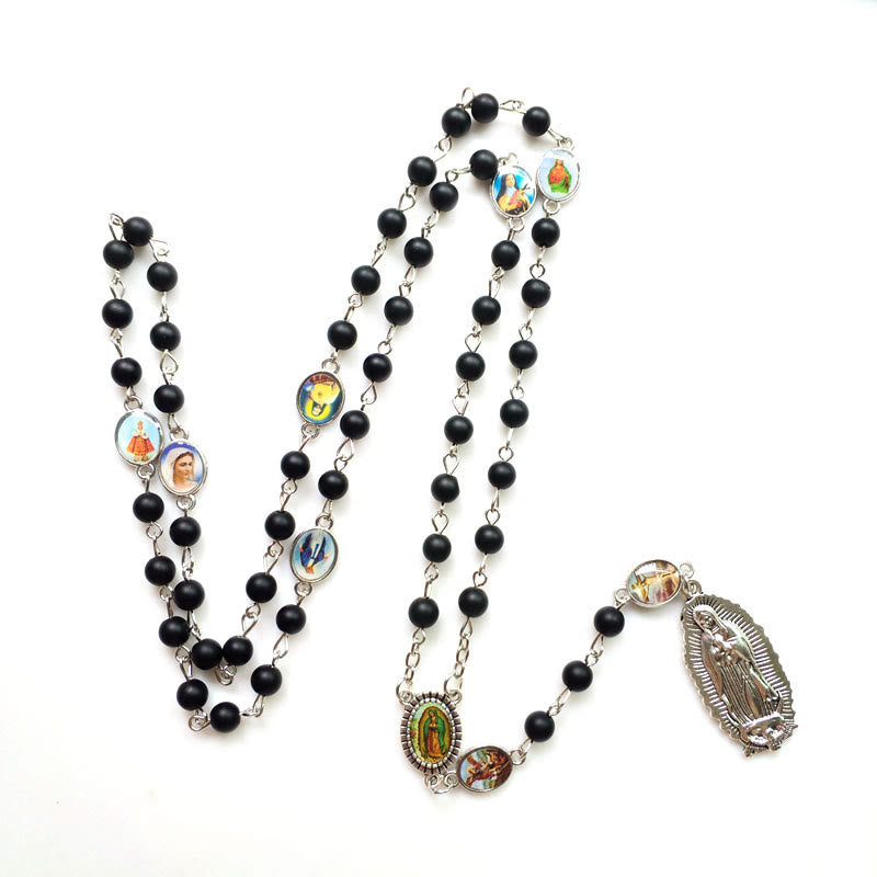 Our Lady of Guadalupe of 6 mm Round Black Agate Alloy Chain Rosary - image 2