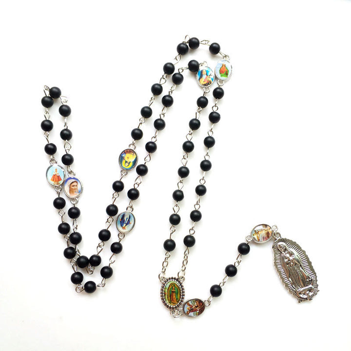 Our Lady of Guadalupe of 6 mm Round Black Agate Alloy Chain Rosary - image 2