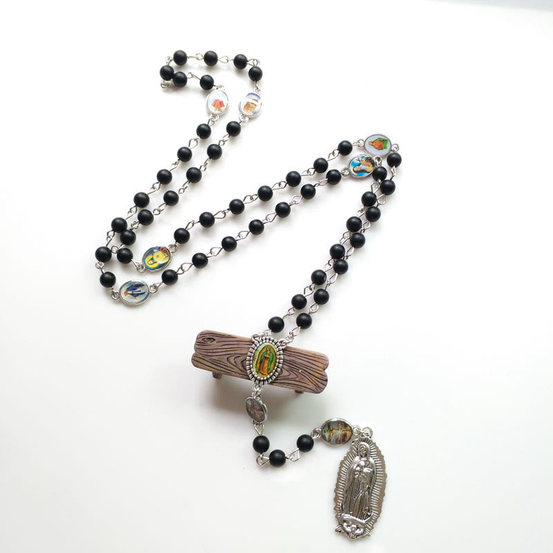 Our Lady of Guadalupe of 6 mm Round Black Agate Alloy Chain Rosary - image 3