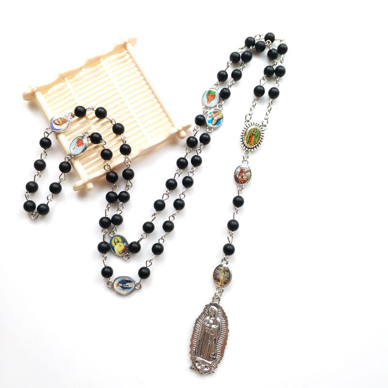 Our Lady of Guadalupe of 6 mm Round Black Agate Alloy Chain Rosary - Black - image 1