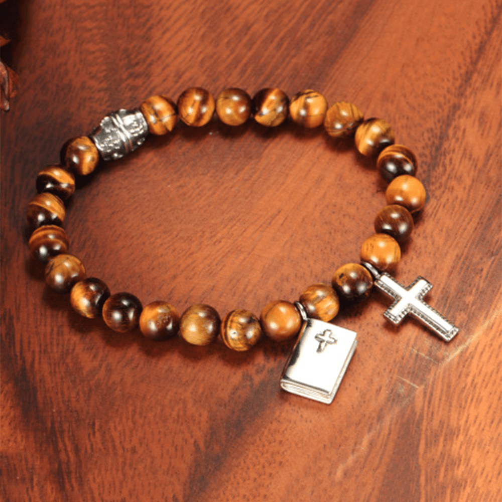 Christian Art Bible Cross Tiger Eyes Stone Titanium Bracelet - image 2