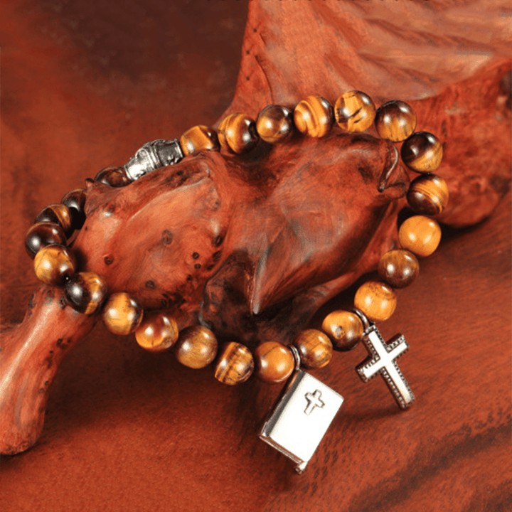 Christianartworkshop Bible Cross Tiger Eyes Stone Titanium Bracelet - Brown - image 0
