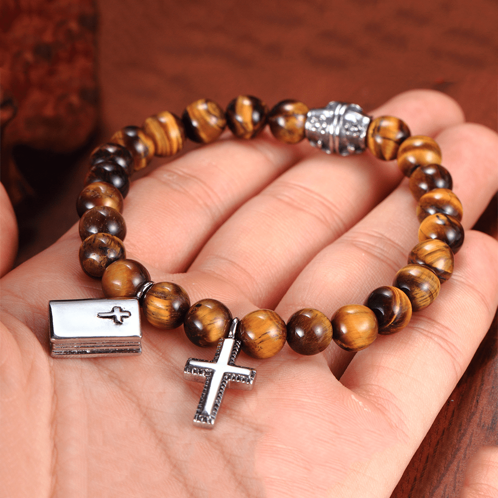 Christian Art Bible Cross Tiger Eyes Stone Titanium Bracelet - image 3