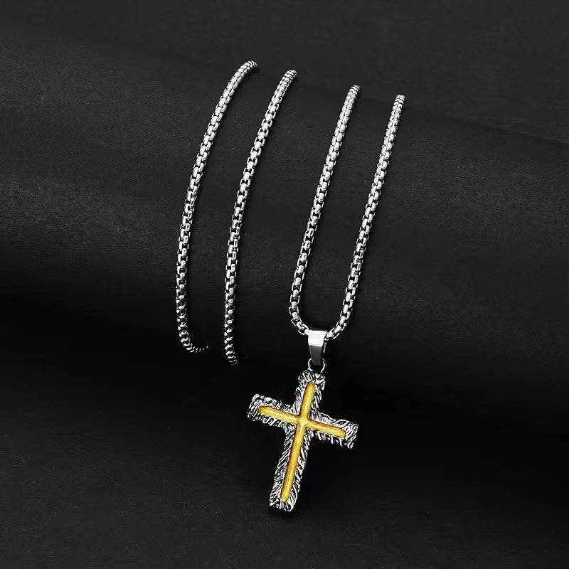 Christian Art Minimalist Style Silver-golden Lava Cross Pendant Necklace - image 2