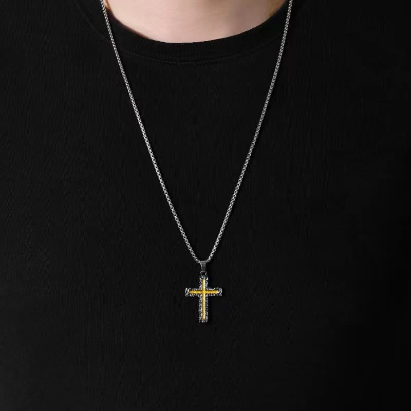Christian Art Minimalist Style Silver-golden Lava Cross Pendant Necklace - image 4
