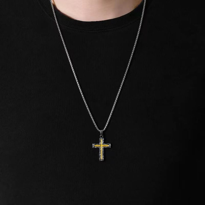 Christian Art Minimalist Style Silver-golden Lava Cross Pendant Necklace - image 4