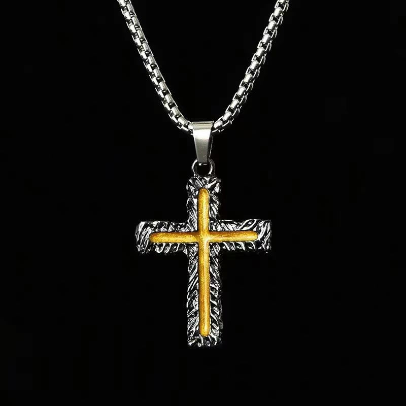 Christian Art Minimalist Style Silver-golden Lava Cross Pendant Necklace - Silver-golden - image 1
