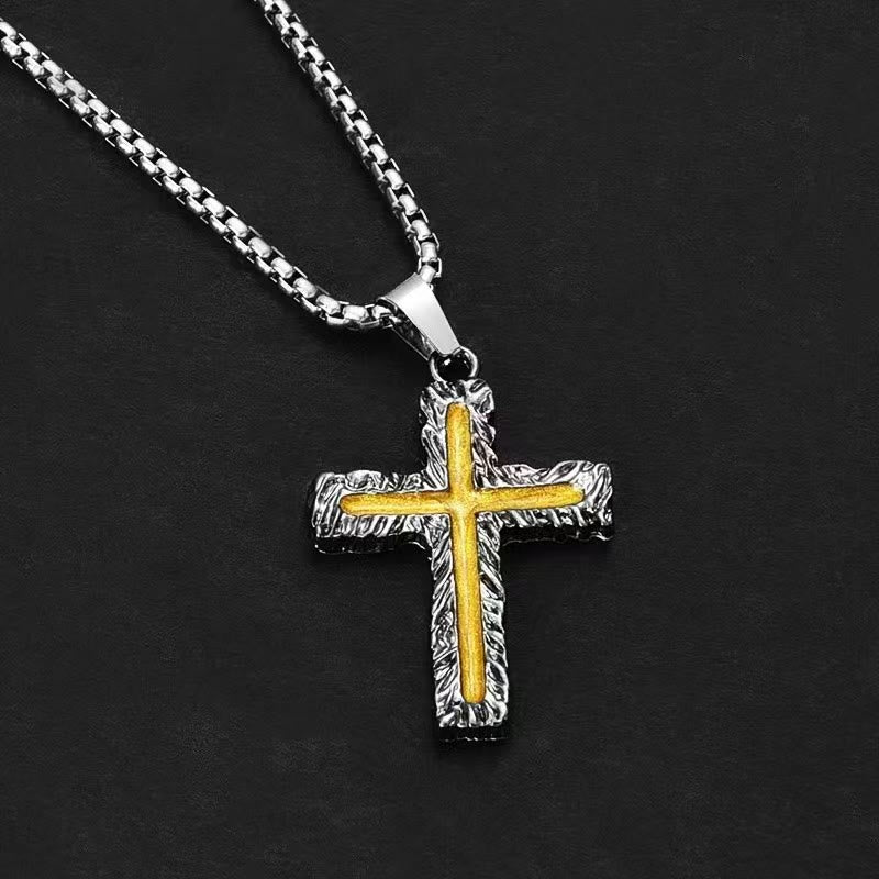 Christian Art Minimalist Style Silver-golden Lava Cross Pendant Necklace - image 3
