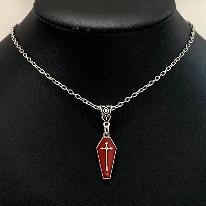 Christian Art Gothic Style Red Enamel Halloween Vampire Coffin Cross Necklace - image 5