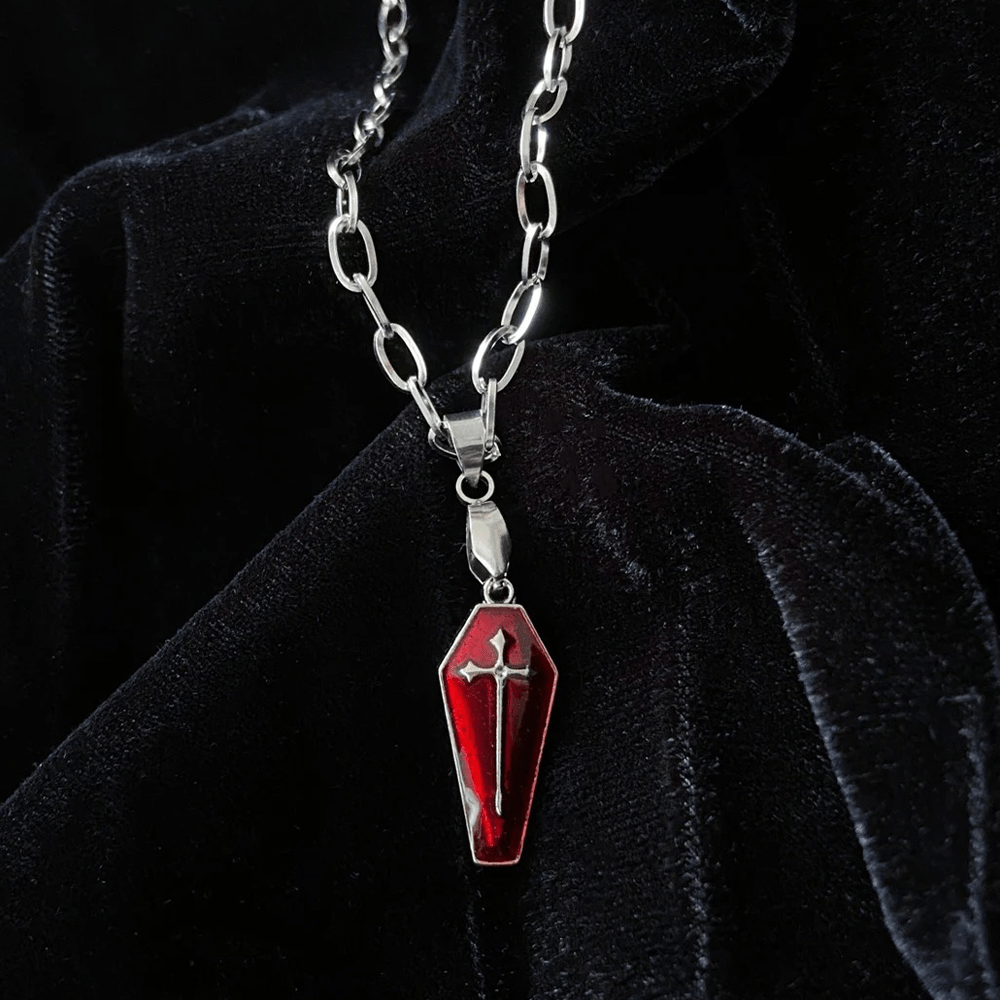 Christian Art Gothic Style Red Enamel Halloween Vampire Coffin Cross Necklace - image 4