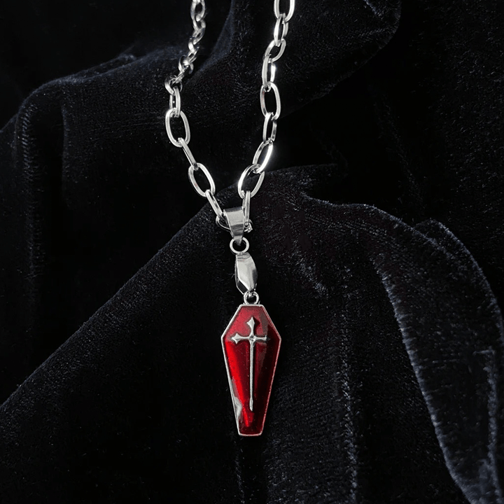 Christian Art Gothic Style Red Enamel Halloween Vampire Coffin Cross Necklace - image 4