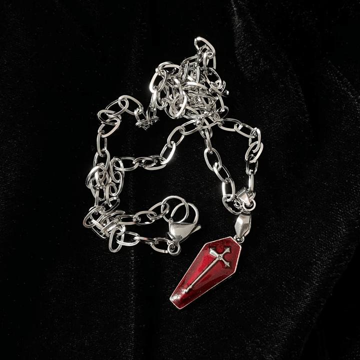 Christian Art Gothic Style Red Enamel Halloween Vampire Coffin Cross Necklace - image 3