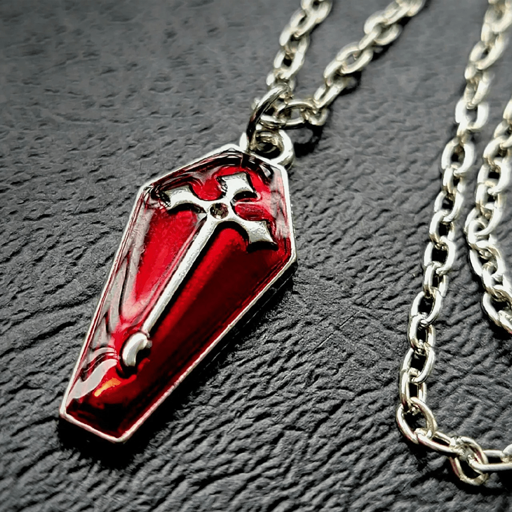 Christian Art Gothic Style Red Enamel Halloween Vampire Coffin Cross Necklace - Red - image 1