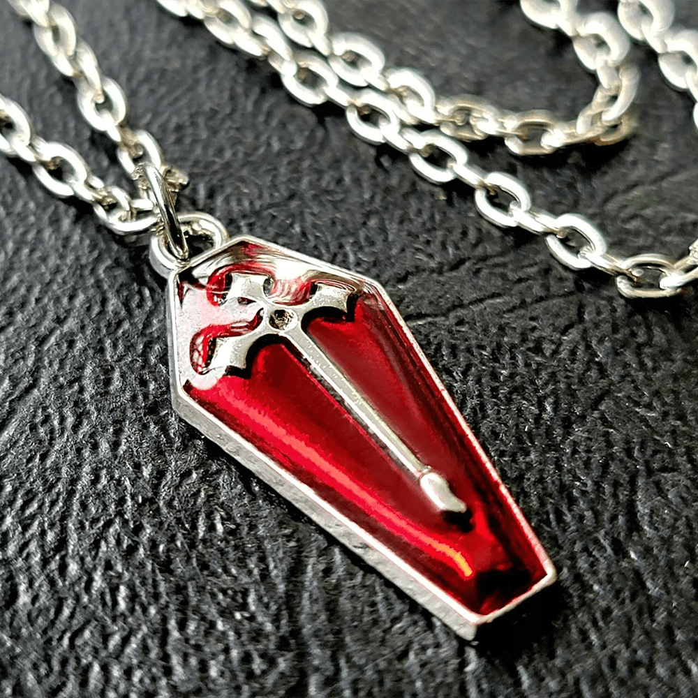 Christian Art Gothic Style Red Enamel Halloween Vampire Coffin Cross Necklace - image 2