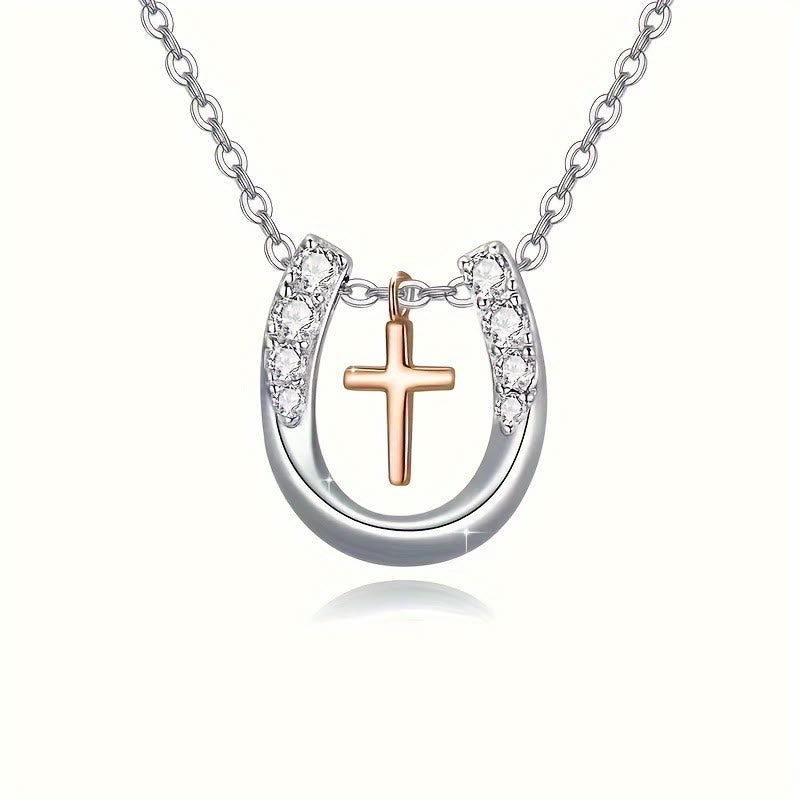Christian Art Minimalist Style Hollow Horseshoe Cross Pendant Necklace - Silver - image 1
