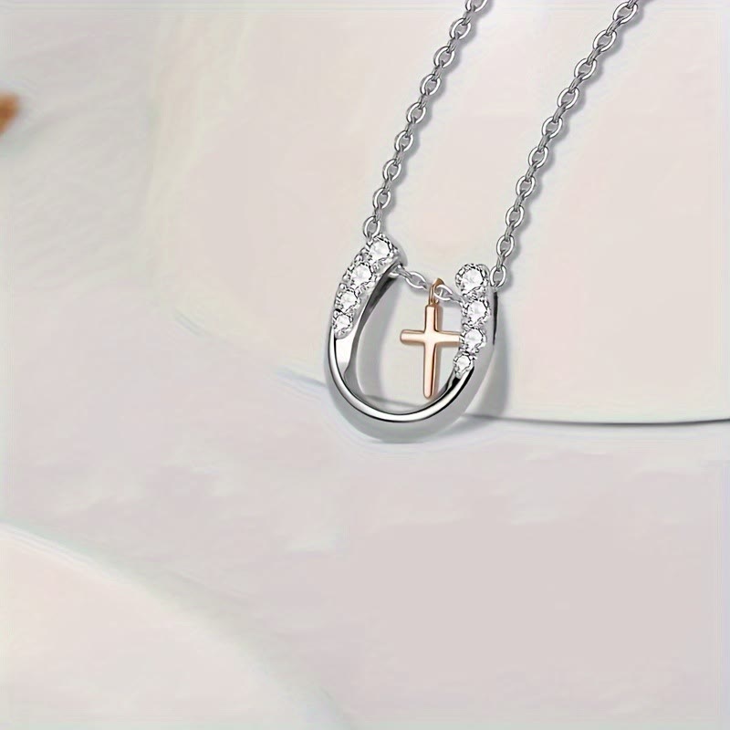 Christian Art Minimalist Style Hollow Horseshoe Cross Pendant Necklace - image 2