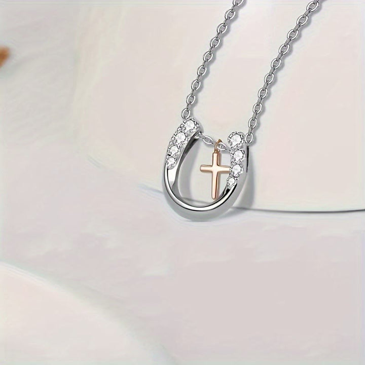 Christian Art Minimalist Style Hollow Horseshoe Cross Pendant Necklace - image 2