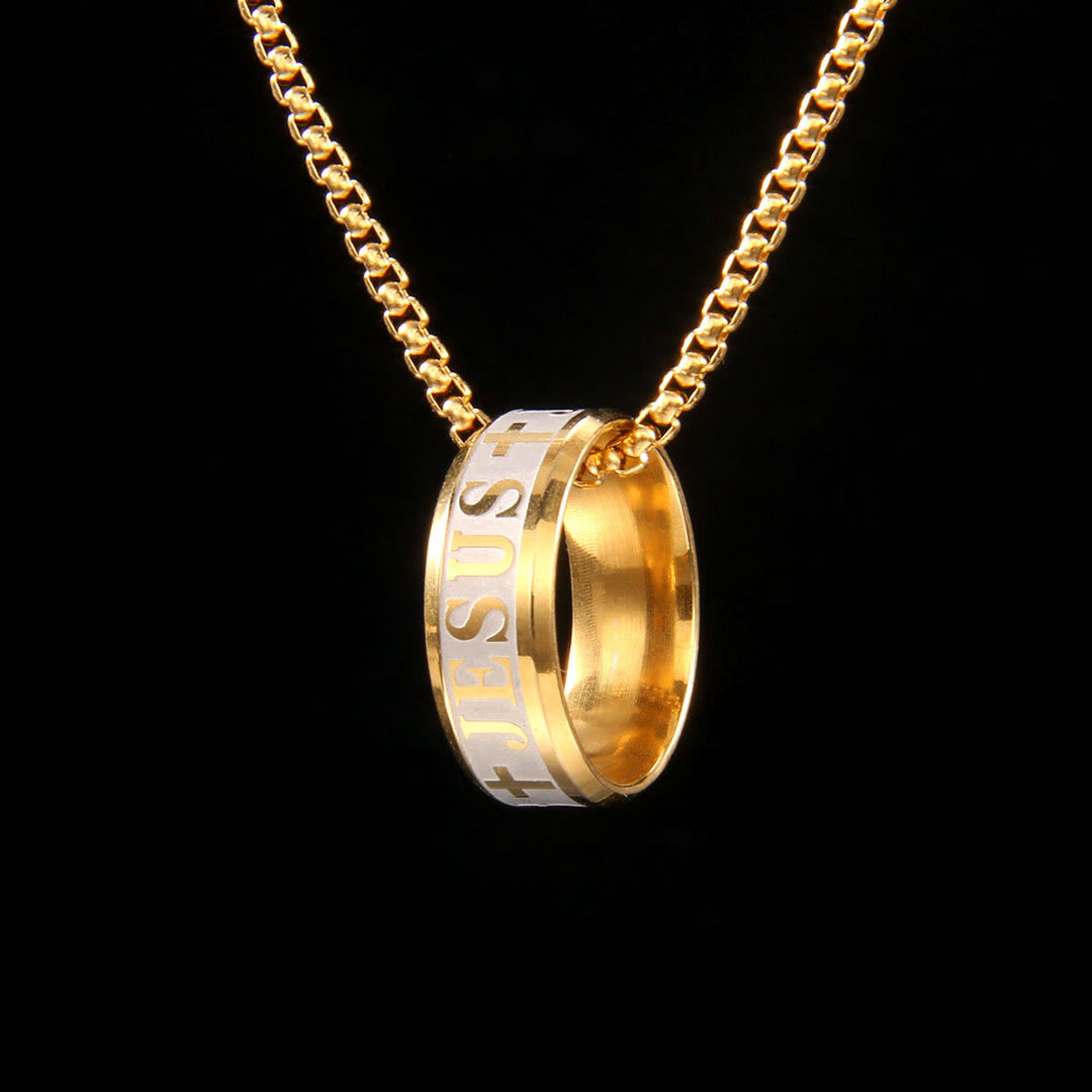 Christian Art Combination Style Laser Engraving "JESUS" Ring & Chain Necklace - Golden - image 1