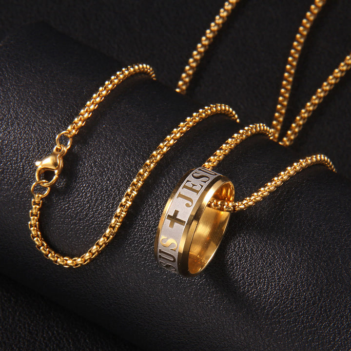 Christian Art Combination Style Laser Engraving "JESUS" Ring & Chain Necklace - image 2