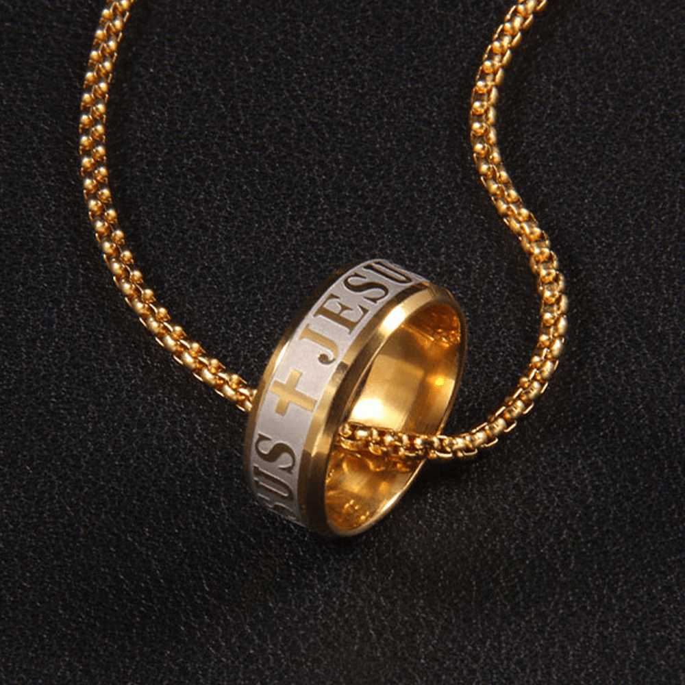 Christian Art Combination Style Laser Engraving "JESUS" Ring & Chain Necklace - image 2
