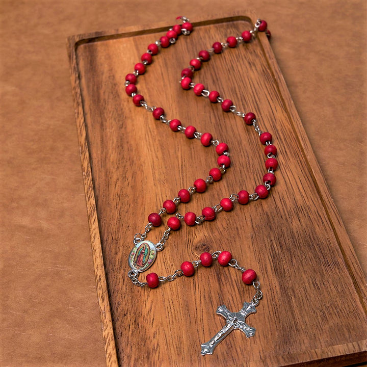 Our Lady of Guadalupe & Crucifix of 6 mm Round Multicolor Wood Alloy Chain Rosary - Red - image 3