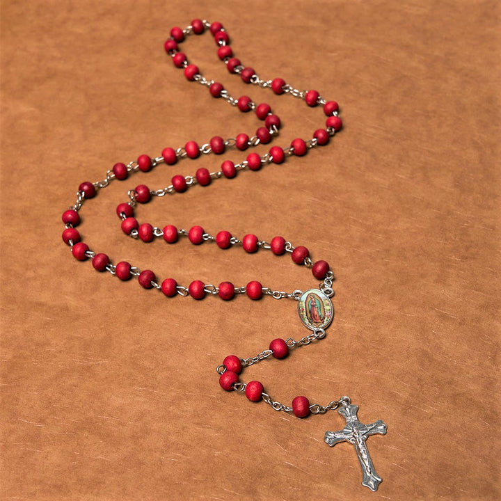 Our Lady of Guadalupe & Crucifix of 6 mm Round Multicolor Wood Alloy Chain Rosary - image 9