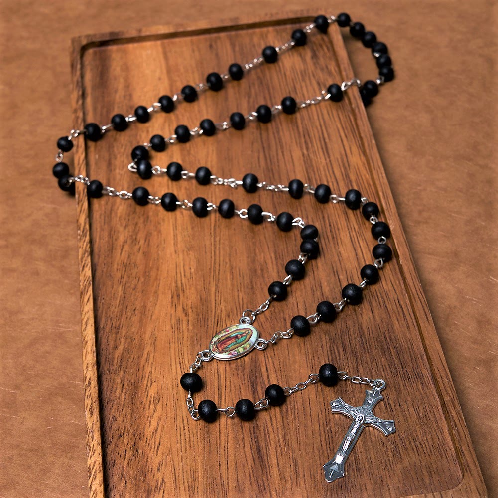 Our Lady of Guadalupe & Crucifix of 6 mm Round Multicolor Wood Alloy Chain Rosary - Black - image 2