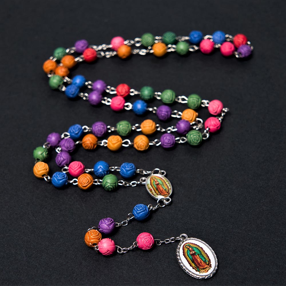 Our Lady of Guadalupe & Crucifix of 8 mm Rose Multicolor Resin Alloy Chain Rosary - Our Lady of Guadalupe - image 1