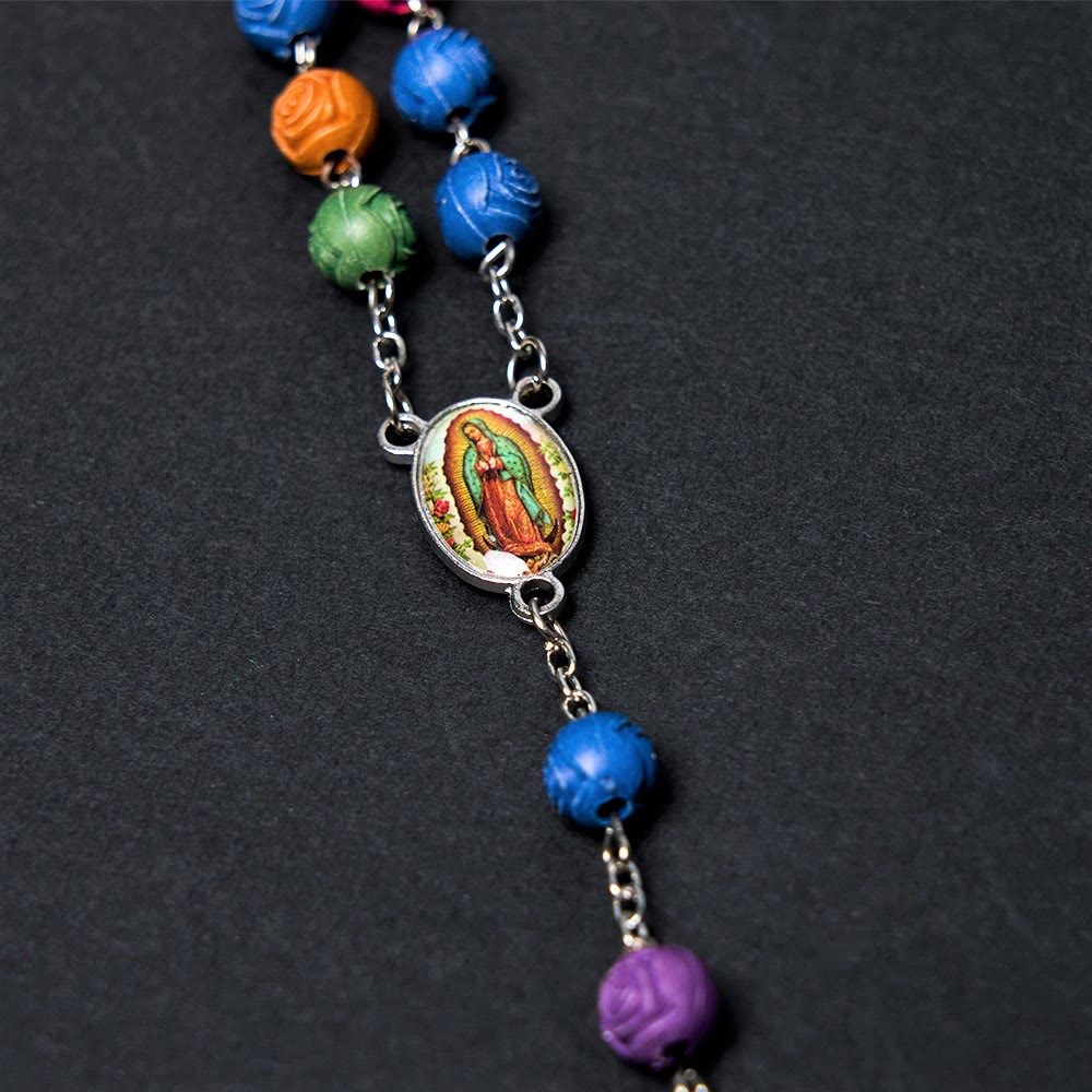 Our Lady of Guadalupe & Crucifix of 8 mm Rose Multicolor Resin Alloy Chain Rosary - image 8