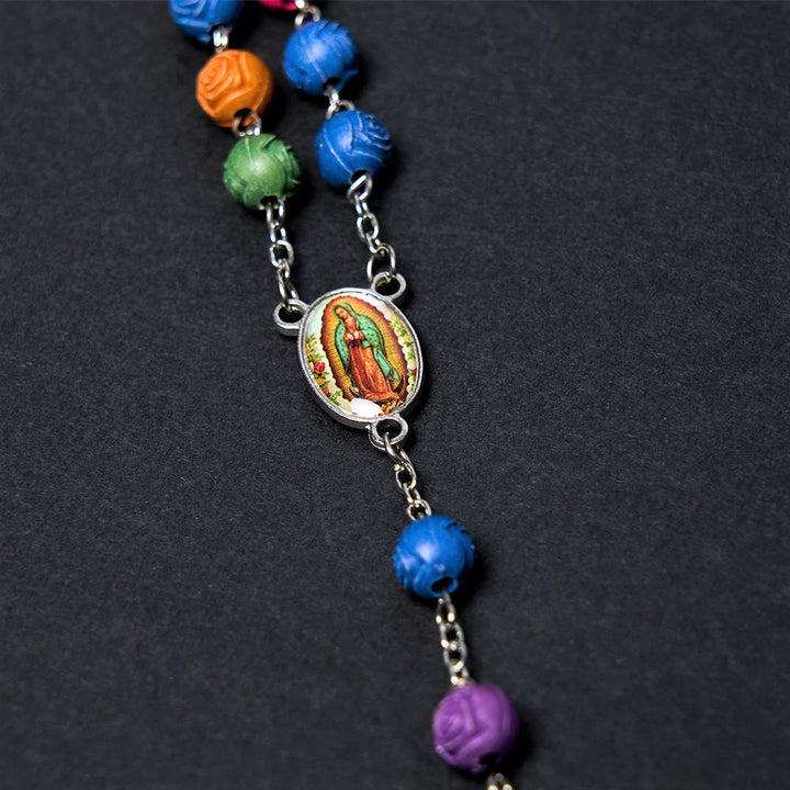 Our Lady of Guadalupe & Crucifix of 8 mm Rose Multicolor Resin Alloy Chain Rosary - image 8
