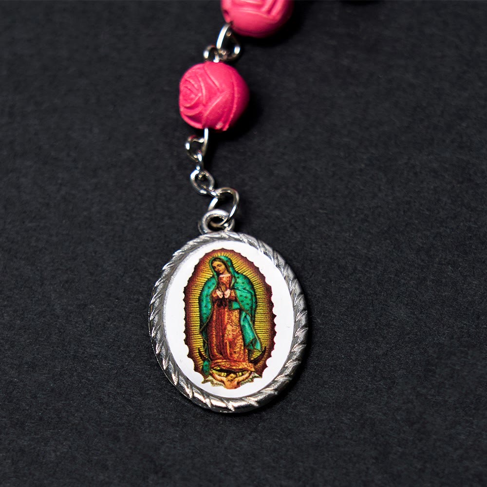 Our Lady of Guadalupe & Crucifix of 8 mm Rose Multicolor Resin Alloy Chain Rosary - image 8