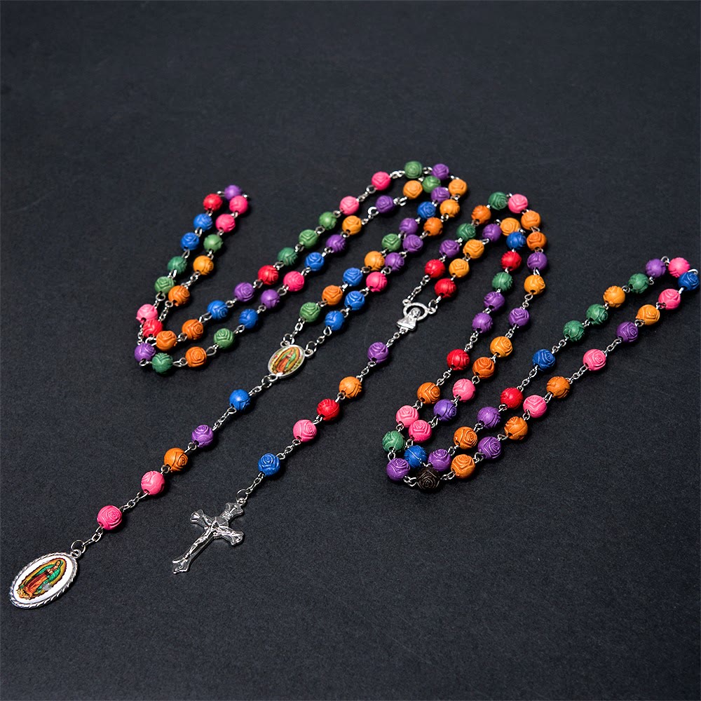 Our Lady of Guadalupe & Crucifix of 8 mm Rose Multicolor Resin Alloy Chain Rosary - image 2