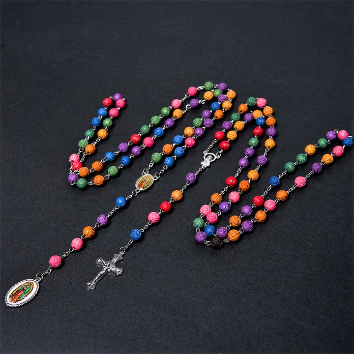 Our Lady of Guadalupe & Crucifix of 8 mm Rose Multicolor Resin Alloy Chain Rosary - image 2