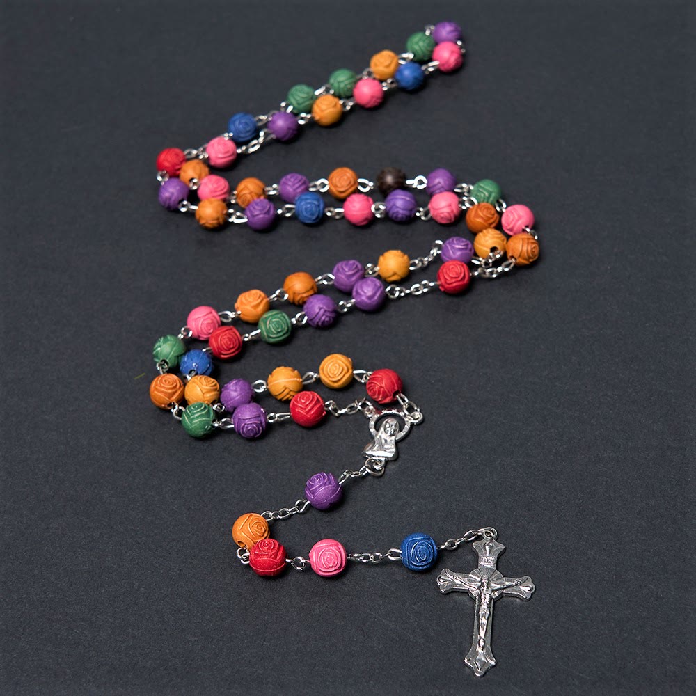 Our Lady of Guadalupe & Crucifix of 8 mm Rose Multicolor Resin Alloy Chain Rosary - Crucifix - image 2